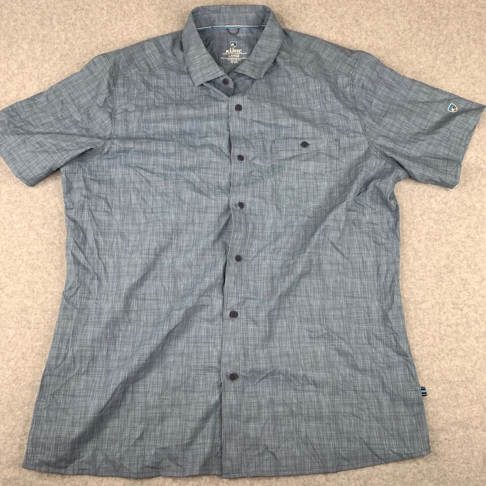 KUHL Button Down Shirt Mens Large Blue Short Sleeve Plaid Outdoor Hiking
